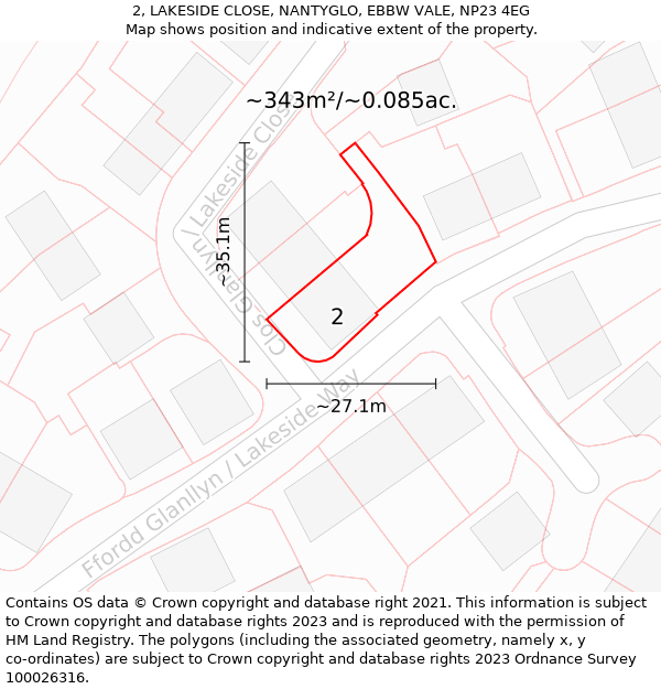 2, LAKESIDE CLOSE, NANTYGLO, EBBW VALE, NP23 4EG: Plot and title map