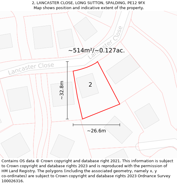 2, LANCASTER CLOSE, LONG SUTTON, SPALDING, PE12 9FX: Plot and title map