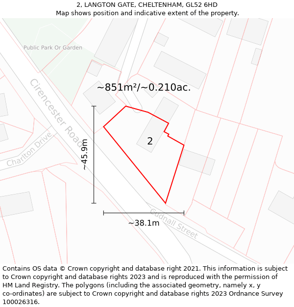 2, LANGTON GATE, CHELTENHAM, GL52 6HD: Plot and title map