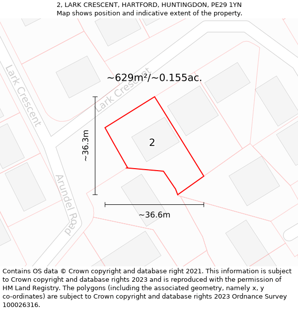 2, LARK CRESCENT, HARTFORD, HUNTINGDON, PE29 1YN: Plot and title map