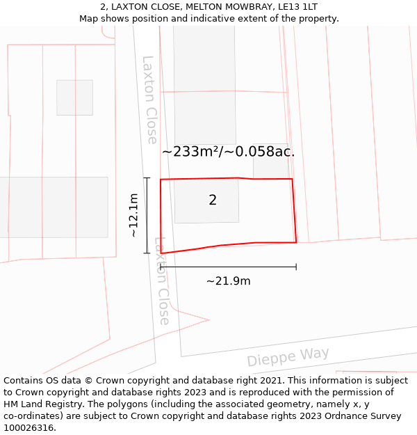 2, LAXTON CLOSE, MELTON MOWBRAY, LE13 1LT: Plot and title map