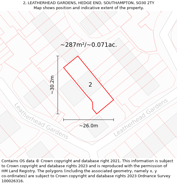 2, LEATHERHEAD GARDENS, HEDGE END, SOUTHAMPTON, SO30 2TY: Plot and title map