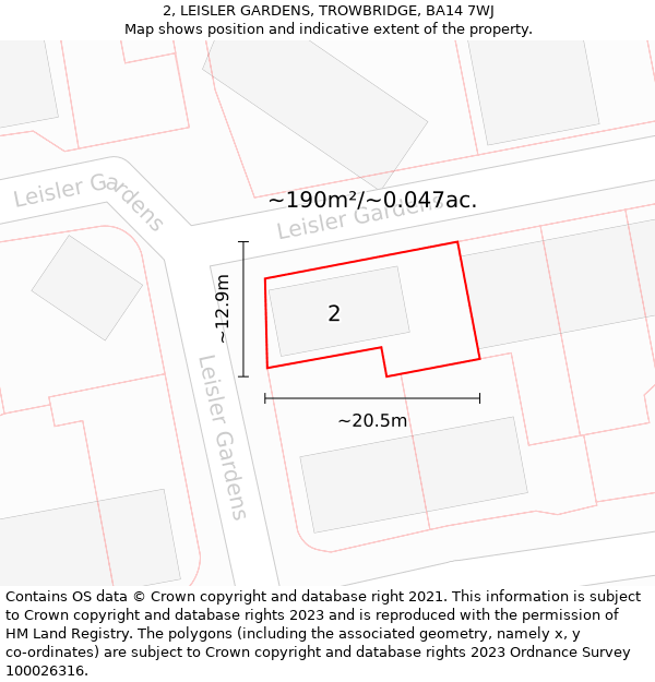 2, LEISLER GARDENS, TROWBRIDGE, BA14 7WJ: Plot and title map