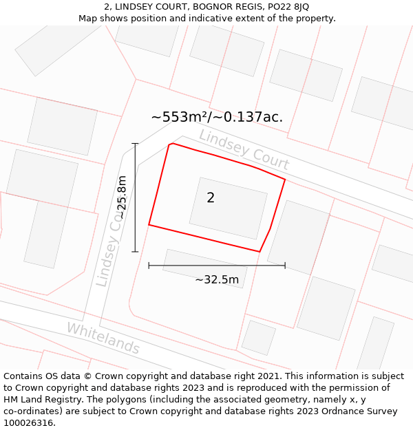 2, LINDSEY COURT, BOGNOR REGIS, PO22 8JQ: Plot and title map