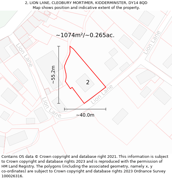 2, LION LANE, CLEOBURY MORTIMER, KIDDERMINSTER, DY14 8QD: Plot and title map