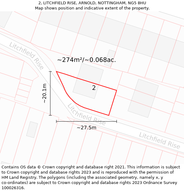 2, LITCHFIELD RISE, ARNOLD, NOTTINGHAM, NG5 8HU: Plot and title map