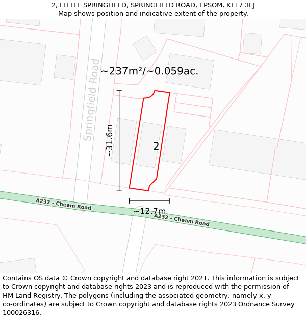 2, LITTLE SPRINGFIELD, SPRINGFIELD ROAD, EPSOM, KT17 3EJ: Plot and title map