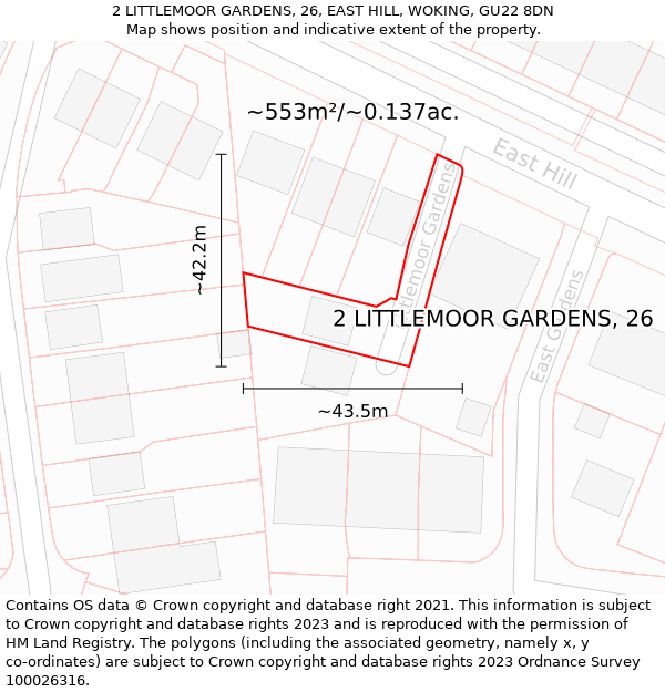 2 LITTLEMOOR GARDENS, 26, EAST HILL, WOKING, GU22 8DN: Plot and title map