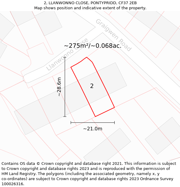 2, LLANWONNO CLOSE, PONTYPRIDD, CF37 2EB: Plot and title map