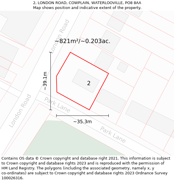 2, LONDON ROAD, COWPLAIN, WATERLOOVILLE, PO8 8AA: Plot and title map