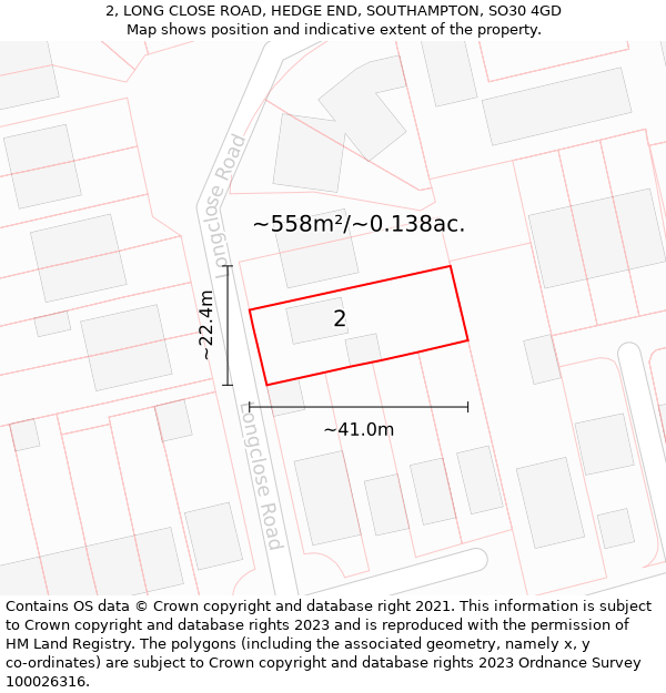 2, LONG CLOSE ROAD, HEDGE END, SOUTHAMPTON, SO30 4GD: Plot and title map