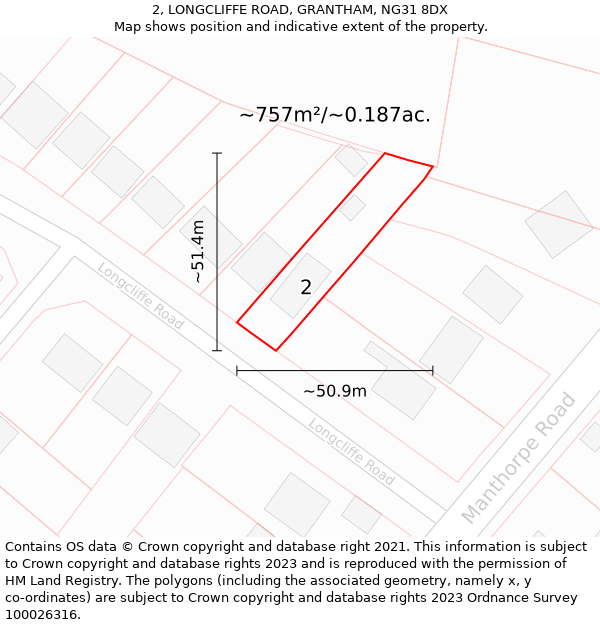 2, LONGCLIFFE ROAD, GRANTHAM, NG31 8DX: Plot and title map