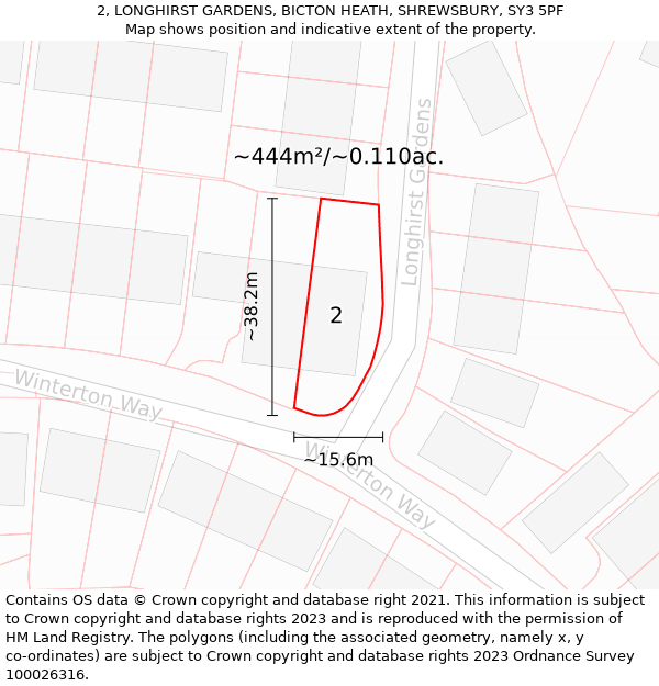 2, LONGHIRST GARDENS, BICTON HEATH, SHREWSBURY, SY3 5PF: Plot and title map