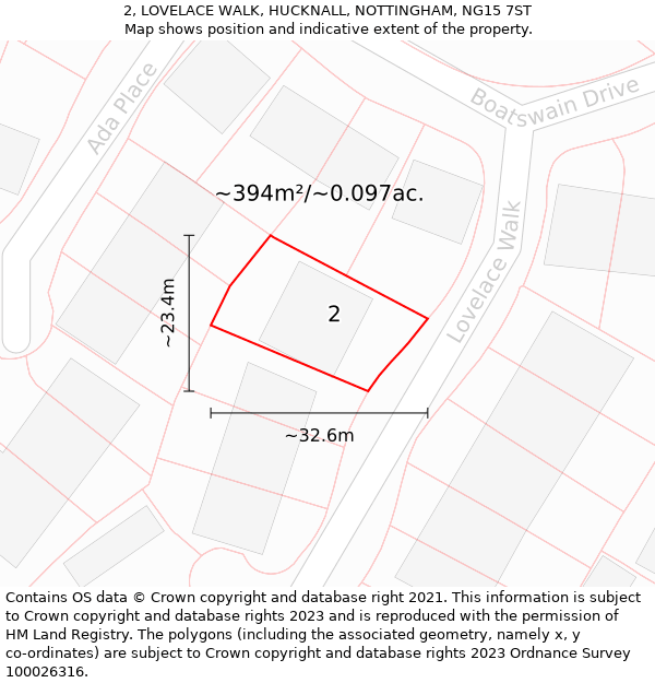 2, LOVELACE WALK, HUCKNALL, NOTTINGHAM, NG15 7ST: Plot and title map