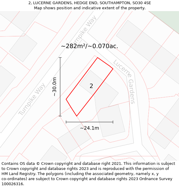 2, LUCERNE GARDENS, HEDGE END, SOUTHAMPTON, SO30 4SE: Plot and title map