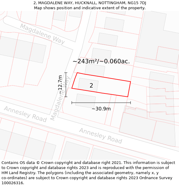 2, MAGDALENE WAY, HUCKNALL, NOTTINGHAM, NG15 7DJ: Plot and title map