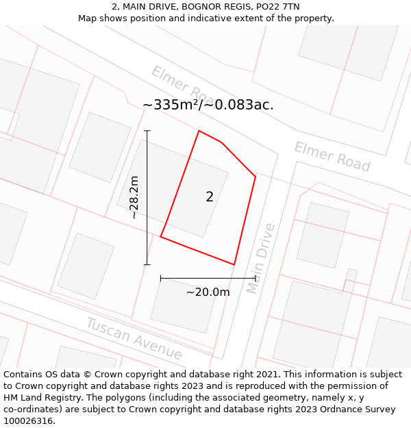 2, MAIN DRIVE, BOGNOR REGIS, PO22 7TN: Plot and title map