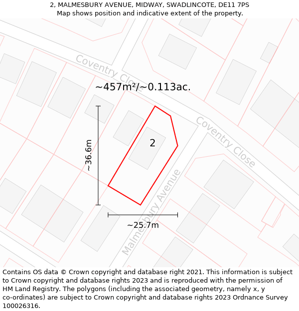 2, MALMESBURY AVENUE, MIDWAY, SWADLINCOTE, DE11 7PS: Plot and title map