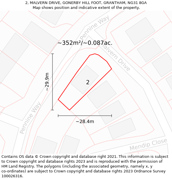 2, MALVERN DRIVE, GONERBY HILL FOOT, GRANTHAM, NG31 8GA: Plot and title map