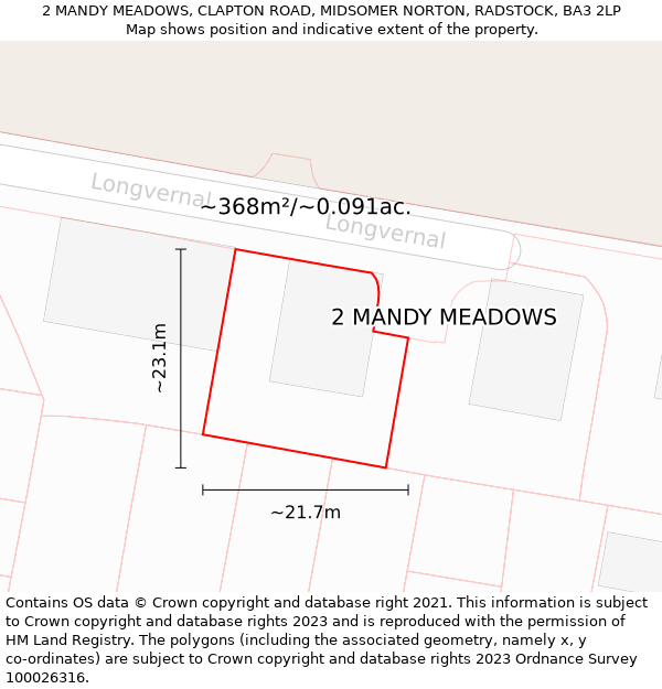 2 MANDY MEADOWS, CLAPTON ROAD, MIDSOMER NORTON, RADSTOCK, BA3 2LP: Plot and title map
