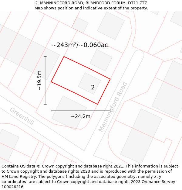 2, MANNINGFORD ROAD, BLANDFORD FORUM, DT11 7TZ: Plot and title map