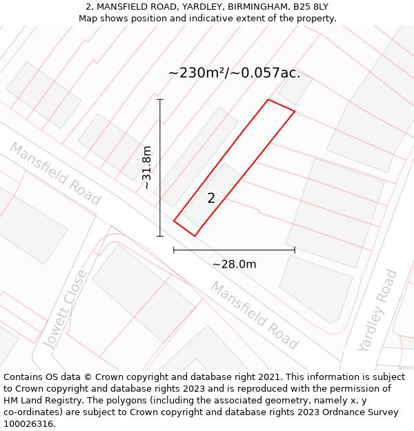 2, MANSFIELD ROAD, YARDLEY, BIRMINGHAM, B25 8LY: Plot and title map