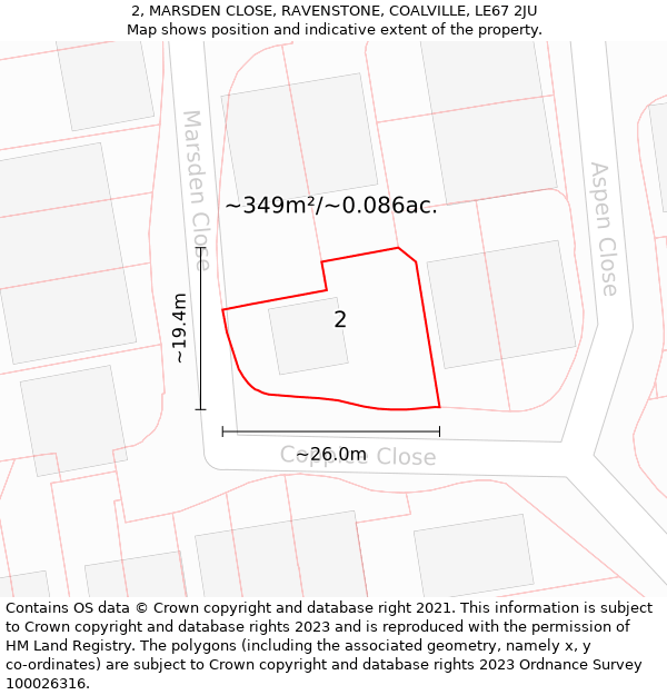 2, MARSDEN CLOSE, RAVENSTONE, COALVILLE, LE67 2JU: Plot and title map