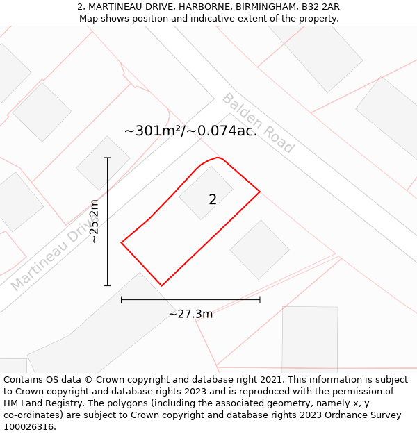 2, MARTINEAU DRIVE, HARBORNE, BIRMINGHAM, B32 2AR: Plot and title map