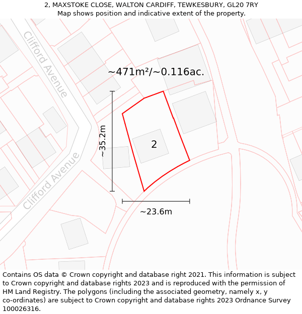 2, MAXSTOKE CLOSE, WALTON CARDIFF, TEWKESBURY, GL20 7RY: Plot and title map