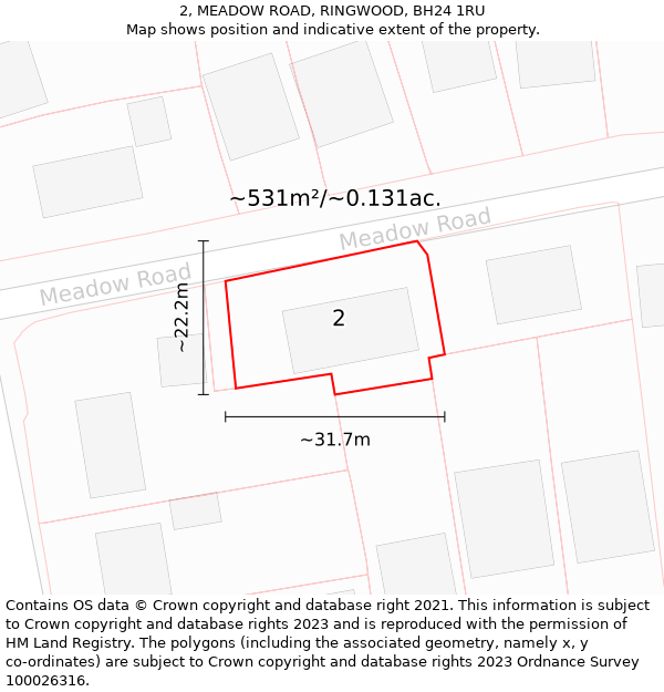 2, MEADOW ROAD, RINGWOOD, BH24 1RU: Plot and title map