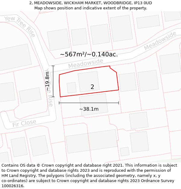2, MEADOWSIDE, WICKHAM MARKET, WOODBRIDGE, IP13 0UD: Plot and title map