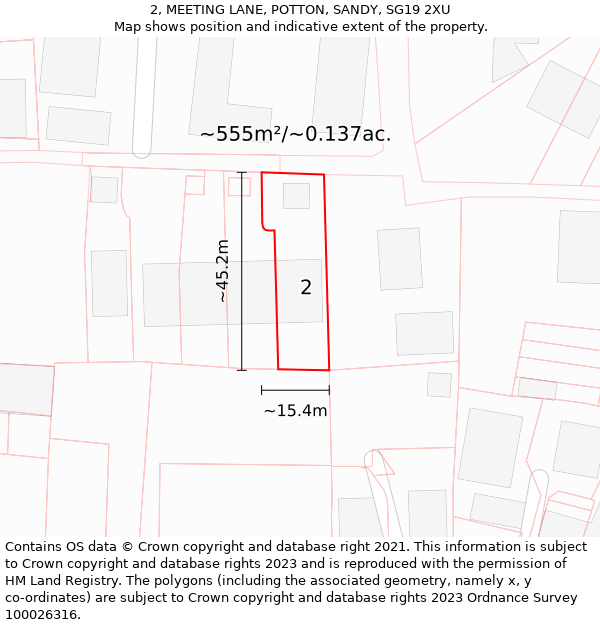 2, MEETING LANE, POTTON, SANDY, SG19 2XU: Plot and title map