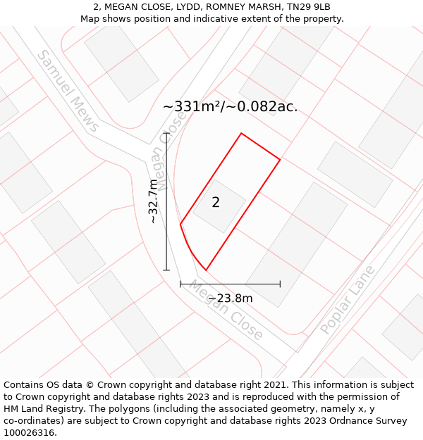 2, MEGAN CLOSE, LYDD, ROMNEY MARSH, TN29 9LB: Plot and title map