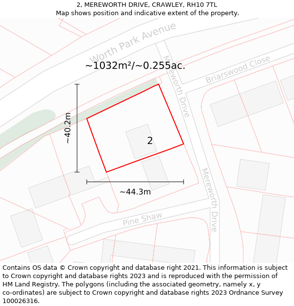 2, MEREWORTH DRIVE, CRAWLEY, RH10 7TL: Plot and title map