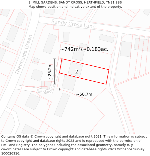 2, MILL GARDENS, SANDY CROSS, HEATHFIELD, TN21 8BS: Plot and title map