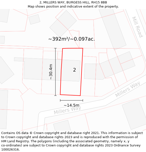 2, MILLERS WAY, BURGESS HILL, RH15 8BB: Plot and title map