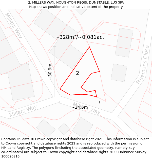 2, MILLERS WAY, HOUGHTON REGIS, DUNSTABLE, LU5 5FA: Plot and title map