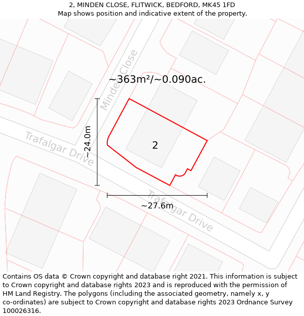 2, MINDEN CLOSE, FLITWICK, BEDFORD, MK45 1FD: Plot and title map