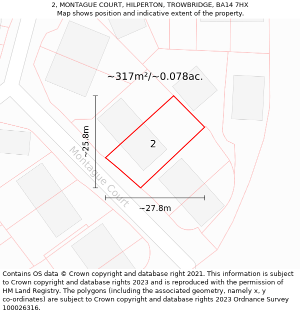 2, MONTAGUE COURT, HILPERTON, TROWBRIDGE, BA14 7HX: Plot and title map