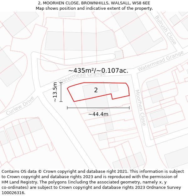 2, MOORHEN CLOSE, BROWNHILLS, WALSALL, WS8 6EE: Plot and title map