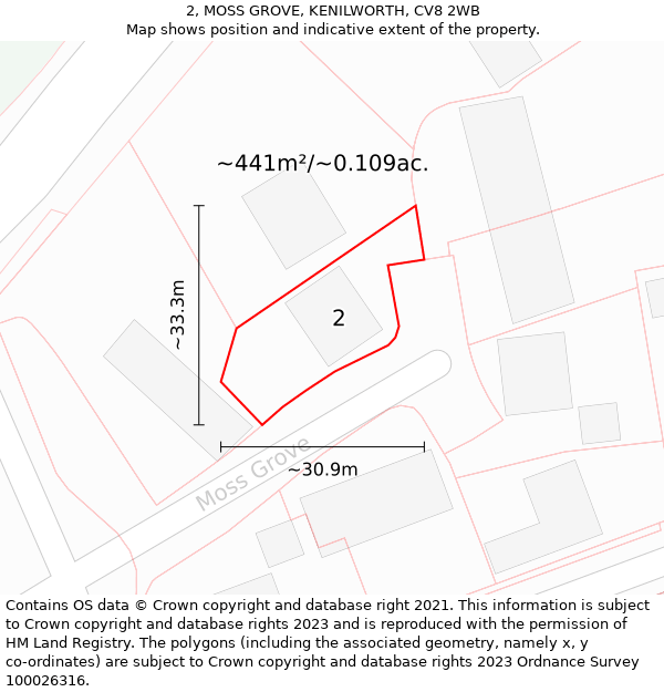 2, MOSS GROVE, KENILWORTH, CV8 2WB: Plot and title map