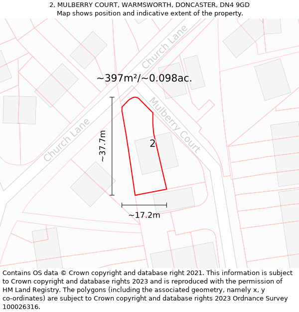 2, MULBERRY COURT, WARMSWORTH, DONCASTER, DN4 9GD: Plot and title map