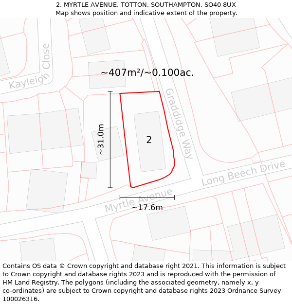 2, MYRTLE AVENUE, TOTTON, SOUTHAMPTON, SO40 8UX: Plot and title map