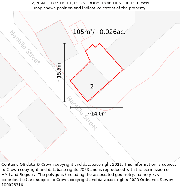 2, NANTILLO STREET, POUNDBURY, DORCHESTER, DT1 3WN: Plot and title map
