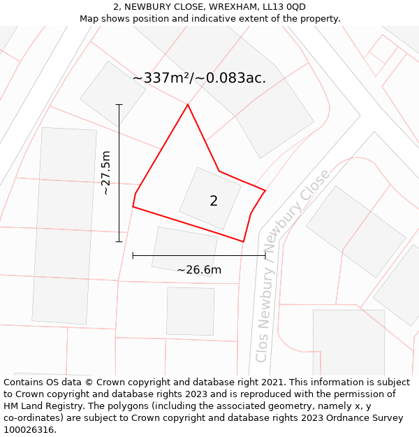 2, NEWBURY CLOSE, WREXHAM, LL13 0QD: Plot and title map