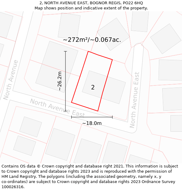 2, NORTH AVENUE EAST, BOGNOR REGIS, PO22 6HQ: Plot and title map