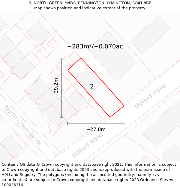 2, NORTH GREENLANDS, PENNINGTON, LYMINGTON, SO41 8BB: Plot and title map