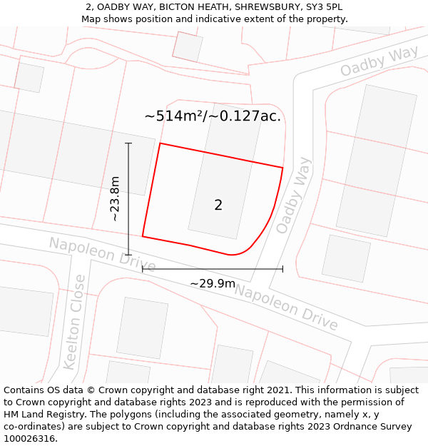 2, OADBY WAY, BICTON HEATH, SHREWSBURY, SY3 5PL: Plot and title map