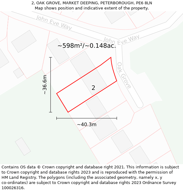 2, OAK GROVE, MARKET DEEPING, PETERBOROUGH, PE6 8LN: Plot and title map