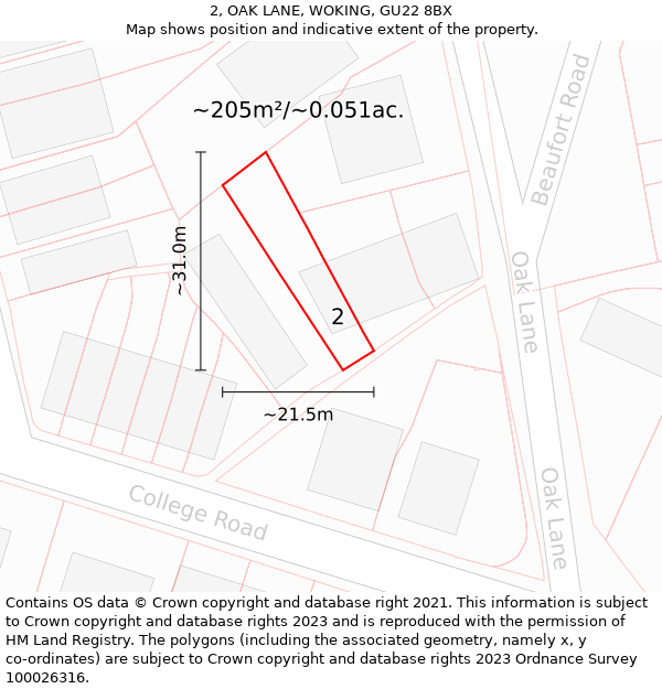 2, OAK LANE, WOKING, GU22 8BX: Plot and title map